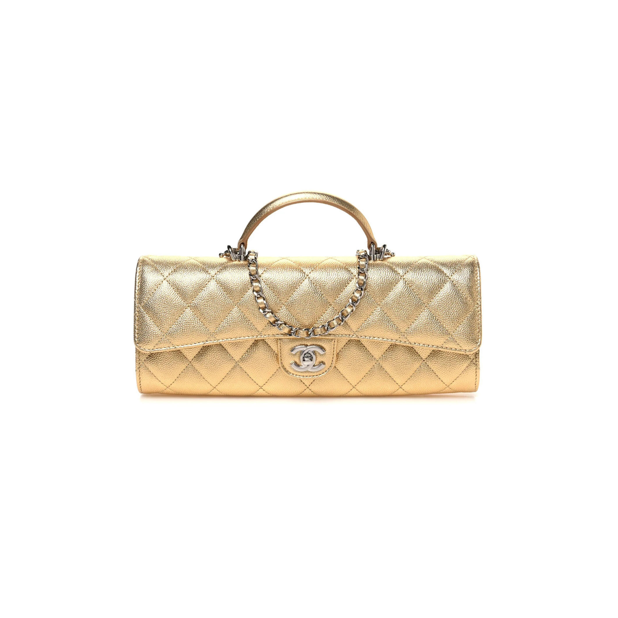 CHANEL METALLIC CAVIAR QUILTED TOP HANDLE LONG CLUTCH WITH CHAIN GOLD AP5280 (25*8*5cm)